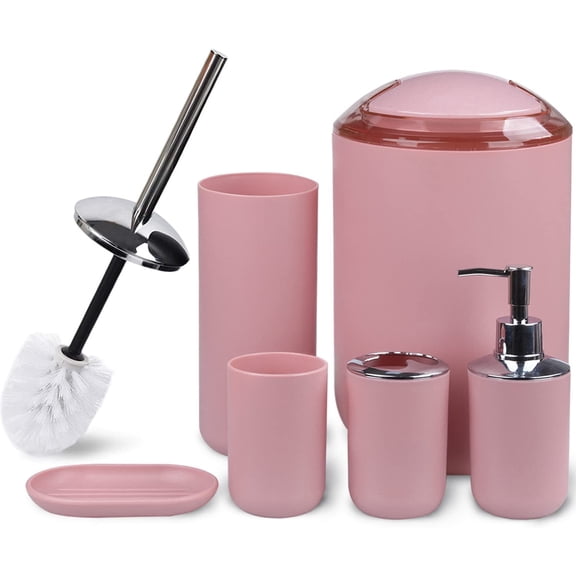 Bathroom Accessories Set 6 Piece Bath Ensemble Includes Soap Dispenser, Toothbrush Holder, Toothbrush Cup, Soap Dish for Decorative Countertop and Housewarming Gift (Blush pink-6pcs)