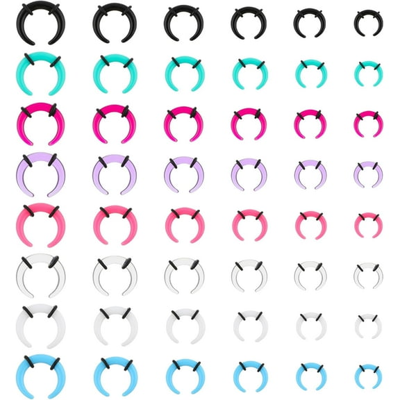 48pc Acrylic Pincher Tapers C Shape Buffalo Septum Stretching Kit With Black O-Rings - Silver, Black, Gold Septum Rings
