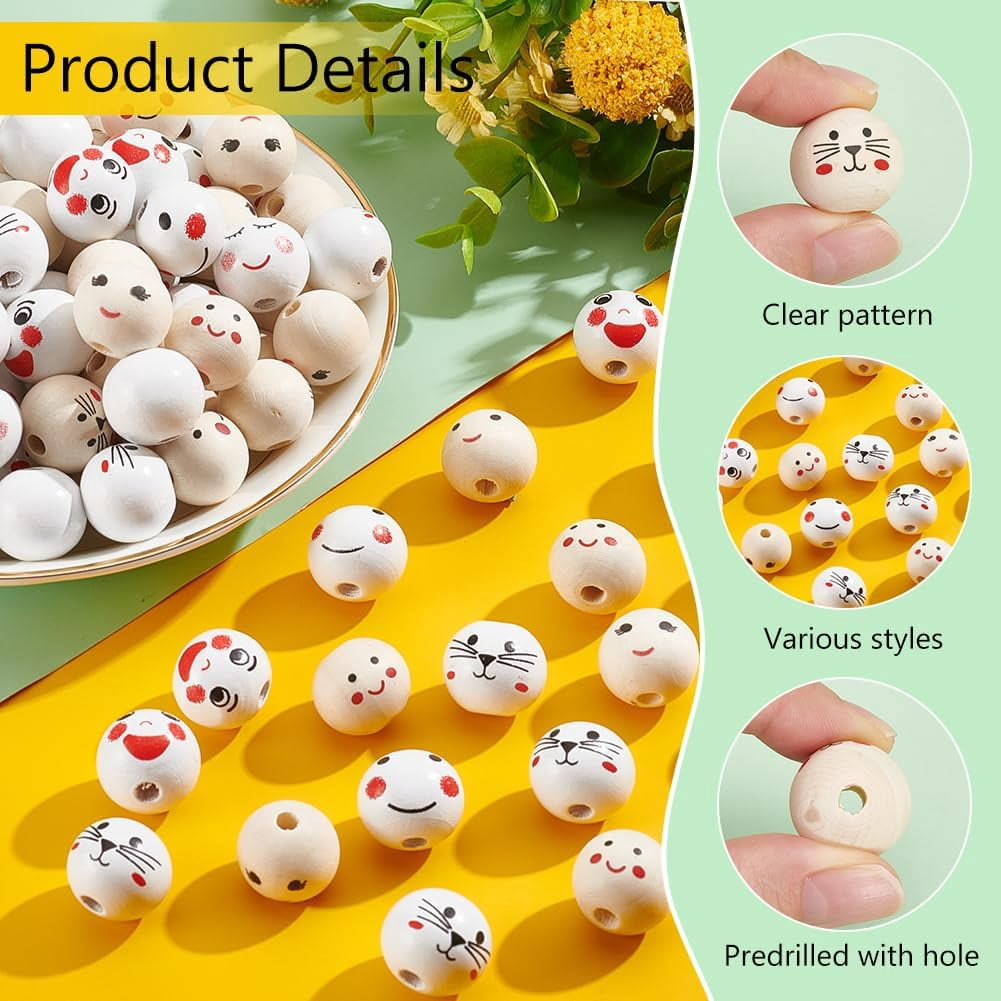 150pcs 20mm Smiling Face Wood Beads 10 Styles Natural Wooden Beads Round Wood Spacer Beads Loose Wooden Beads with 4.5mm Hole for Craft Jewelry Making Bracelets Christmas Tree Decor
