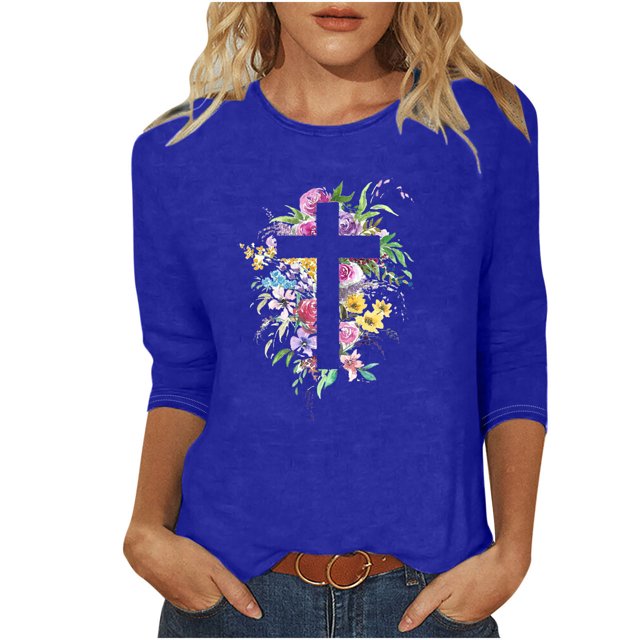 Blouse pour Femmes T-shirt Imprimé Manches 3/4 Blouse Col Rond Hauts Décontractés