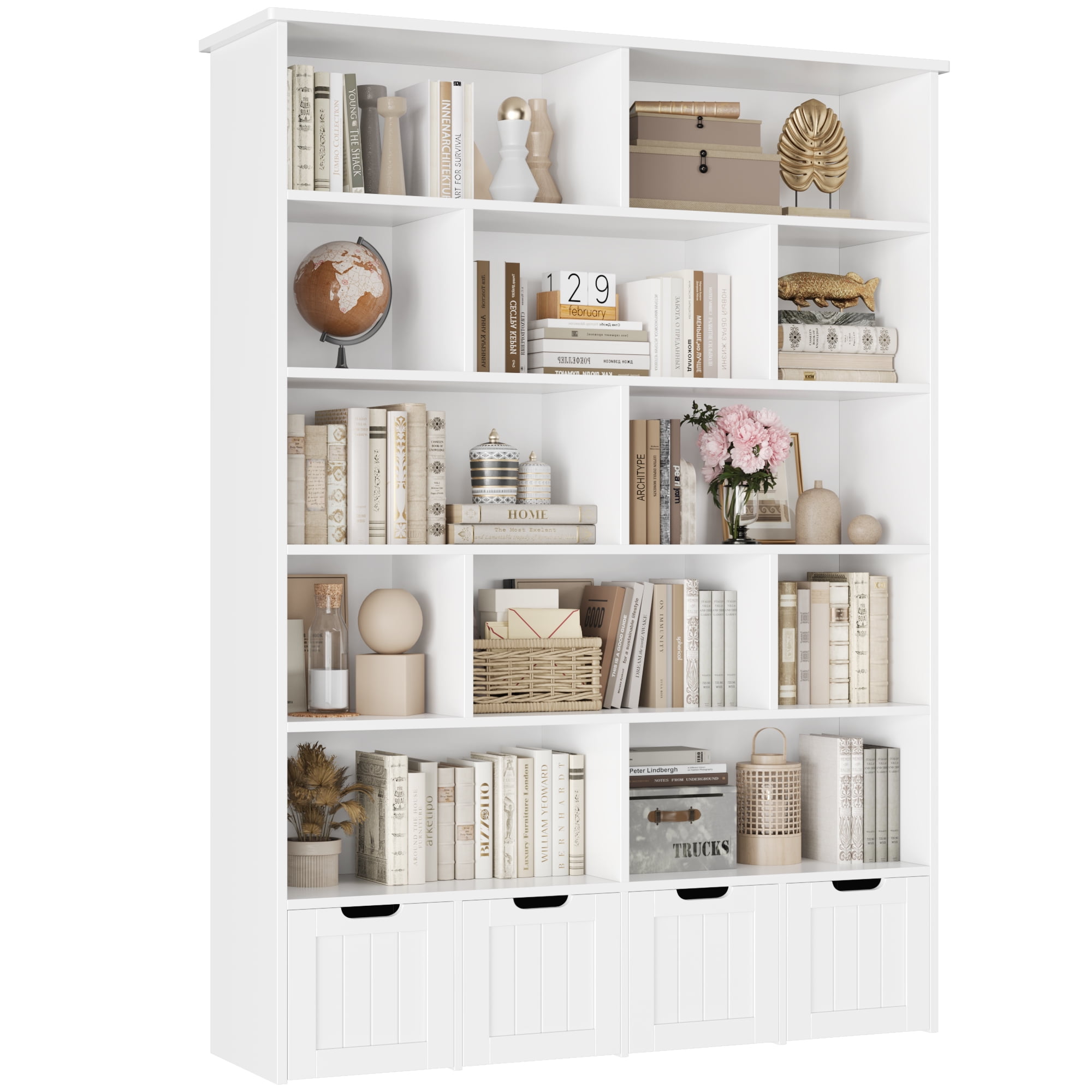 Homfa 68.9" Tall Toy Storage Organizer, 12 Storage Cubbies Bookcase with 4 Drawers for Playroom Living Room, White