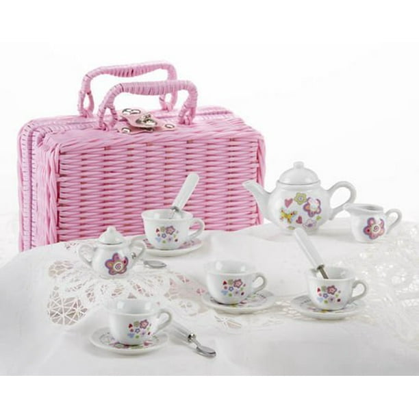 Delton Products Flower Design Porcelain Tea Set and Basket (17 Piece