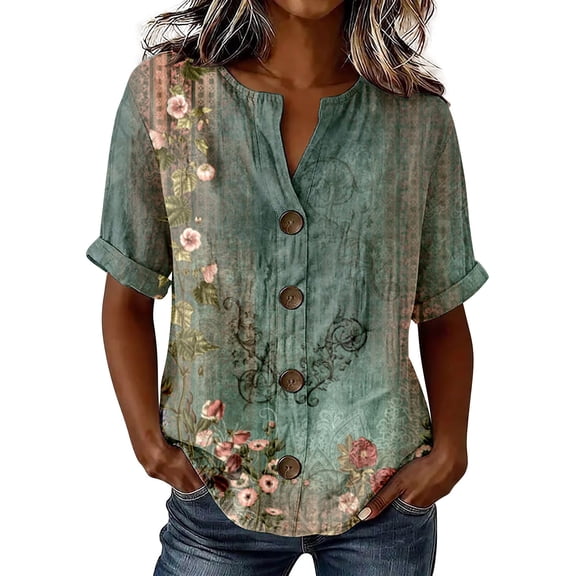 Tops for Women Trendy V Neck 3/4 Sleeve All Over Print Button Down Loose Casual Shirts Business Casual Tops for Women bovemsi