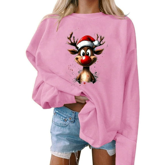 GUZOM Womens Christmas Reindeer Graphic Sweatshirt - Oversized Crew Neck Long Sleeves, Pink Festive Style for Holiday & Casual Wear,Size M