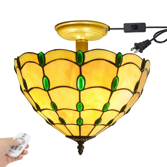 Kiven 13.8in Plug-in Flush Mount Ceiling Light Fixture, 3-Light Anti Glare Close to Ceiling Light with 15FT Cord, Tiffany-Style Glass Chandelier Dimmable for Bedroom Kitchen Hallway(No.3208)
