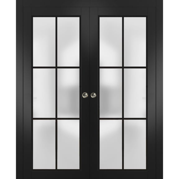Sliding French Double Pocket Doors 36 x 80 inches | Planum 2122 Matte Black Frosted Glass | Kit Trims Rail Hardware | Solid Wood Interior Bedroom Sturdy Doors