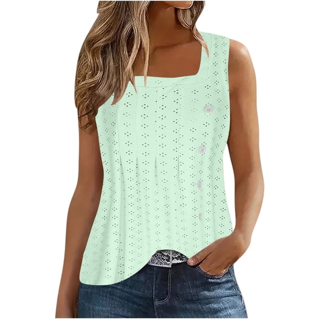 Penkiiy Womens Tank Tops Scoop Neck Eyelet Loose Fit Basic Tops Solid Color Causal Summer Sleeveless Shirts M Green