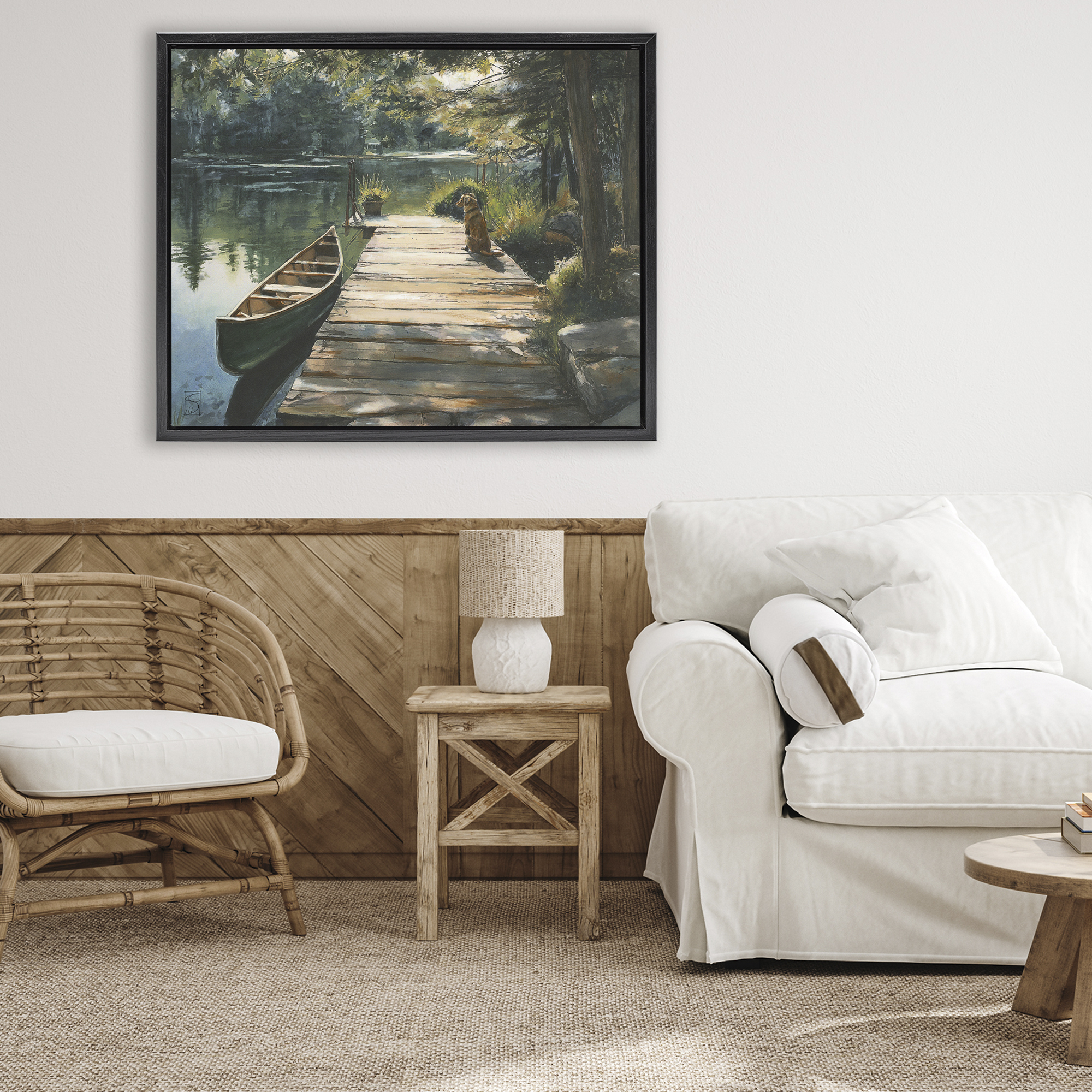Lake Life Dog on Dock Black Framed Floater Canvas Wall Art, design by Sara Culpepper