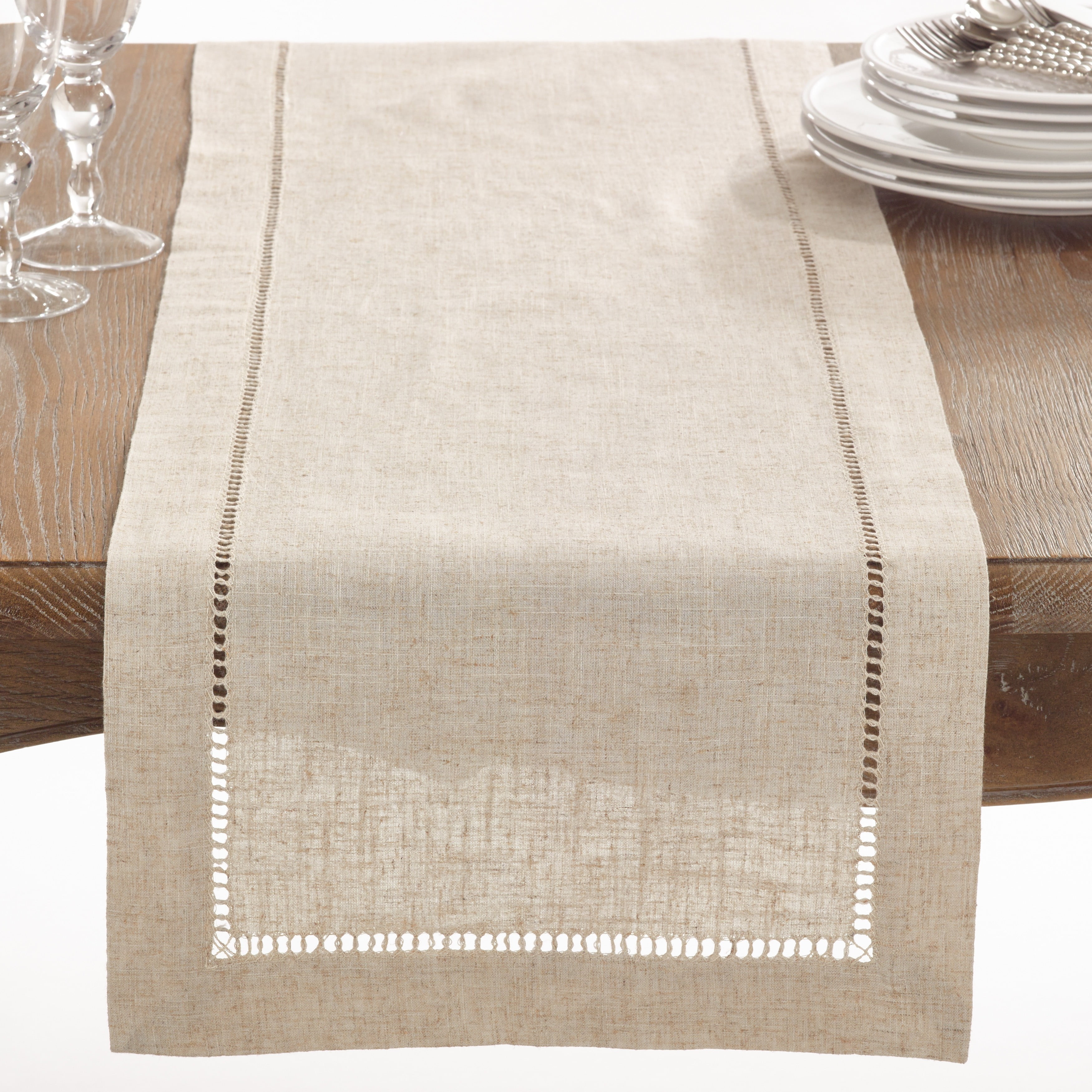 SARO 731.N1690B 16 x 90 in. Rectangle Hemstitched Linen Blend Table Runner - Natural