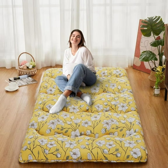 Japanese Futon Mattress, Floral Pattern 3" Thicken Tatami Mat Sleeping Pad Foldable Roll Up Mattress for Adult, Twin