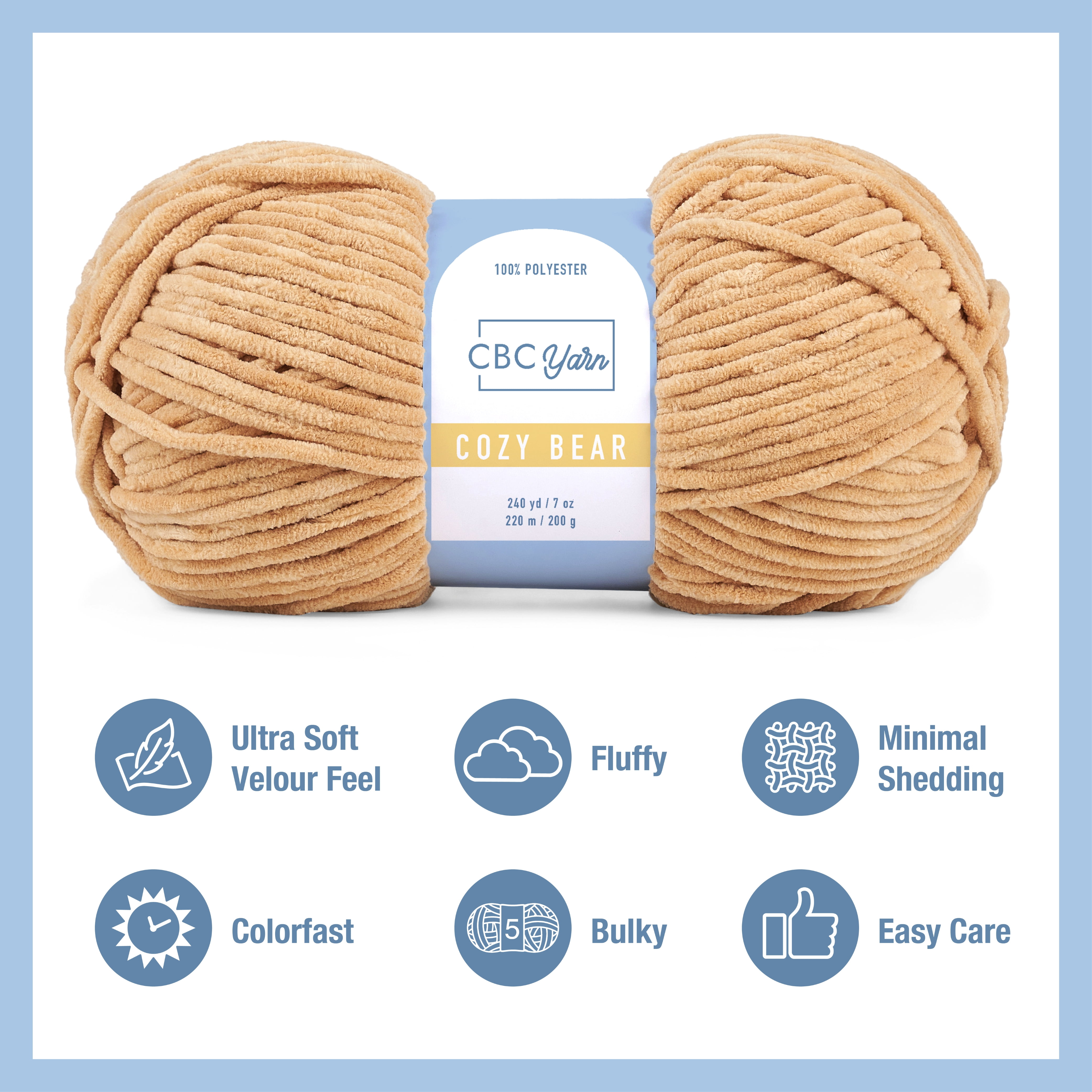 CBC Cozy Bear Gauge 5 Bulky Yarn - 6 Pack (7 oz / 200 g, 240 yards Each Skein), Khaki, Chenille Yarn for Crocheting, Knitting, and Amigurumi