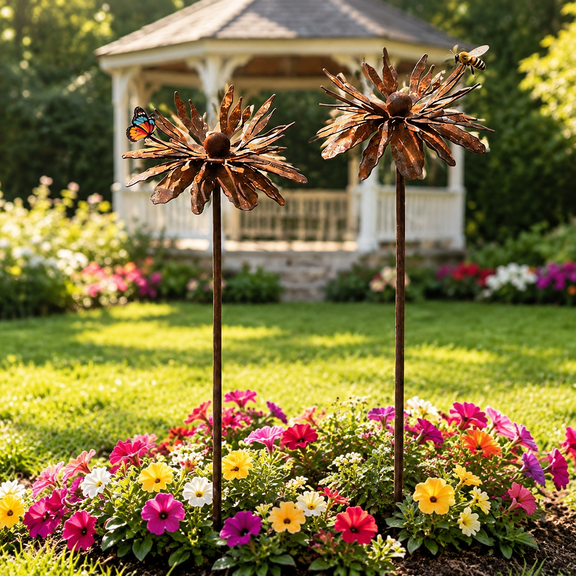 Decorative Garden Stakes – Vintage Metal Flower Ornaments for Outdoor Lawn, Patio, Flower Beds & Indoor Planters – Rustic Yard Art
