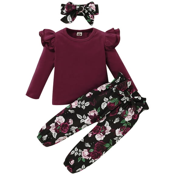 ZOEREA Toddler Baby Girl Clothes 3Pcs Long Sleeves Ruffle Dress Shirt Top Floral Pant Headband Set