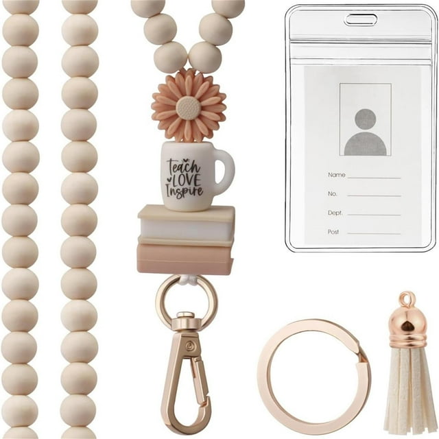 Trendy Tool Kit for Home, Wooden Bead Tassel Lanyard Keychain Silicone Flower Record Label Work Permit Lanyard Teacher/student ID Necklace Rope Multi Functional Decoration