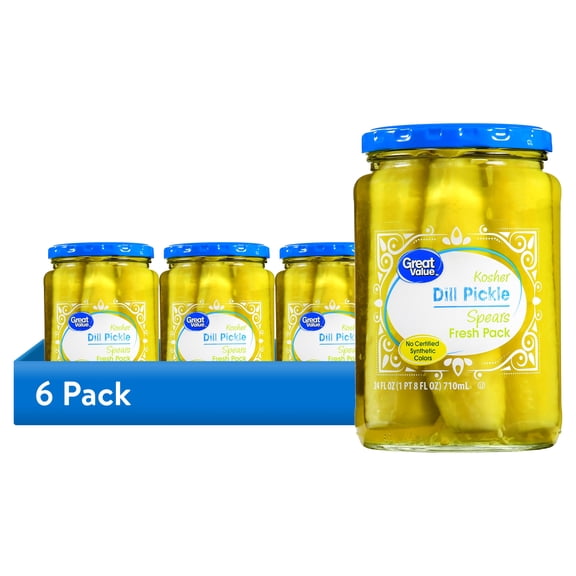 (6 pack) Great Value Kosher Spears Dill Pickle Fresh Pack, 24 fl oz Jar