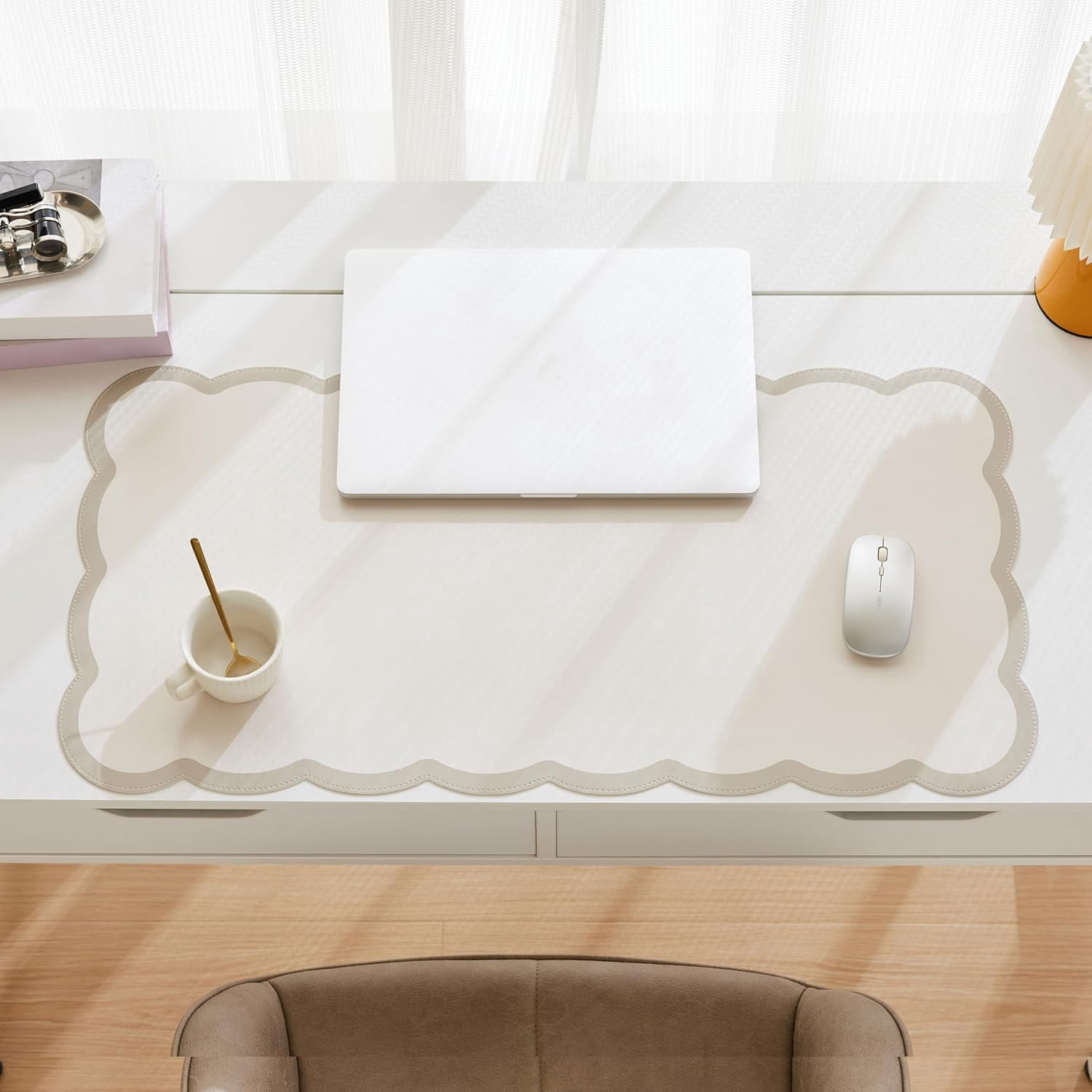 Scalloped Desk Mat, 31.5" x 15.7" Large Cute Beige Khaki Aesthetic Desk Accessories, PU Leather Computer Laptop Desk Mat Mouse Keyboard Pad, Desk Writing Makeup Mat for Vanity/Work/Home Decor