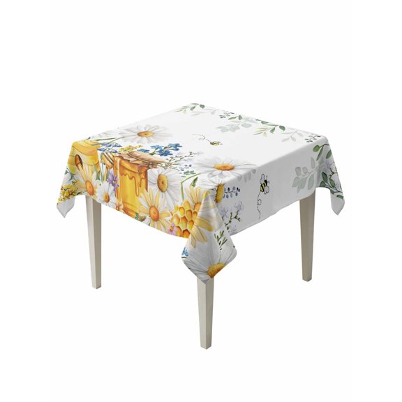 Eucalyptus Leaves Table Cloth, Waterproof Tablecloth for Square Tables, Daisy Flower Spring Watercolor Country Floral Bee Reusable Washable Fabric Table Cover for Restaurant Kitchen Dining 60"x60"