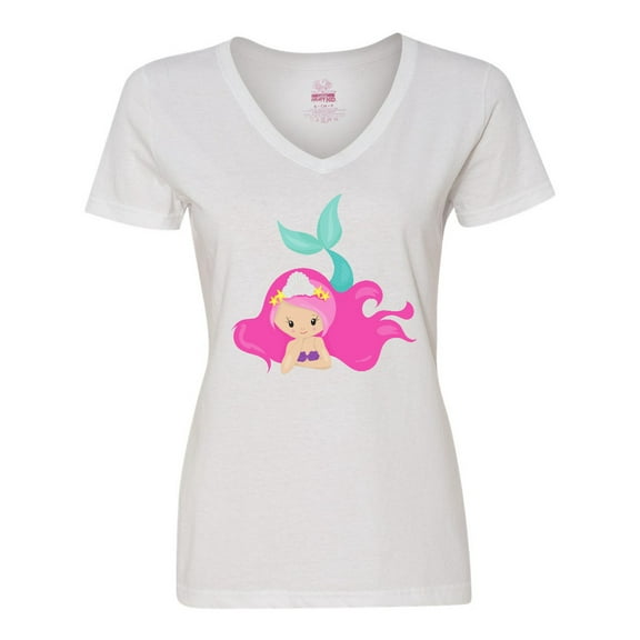 Inktastic Cute Mermaid, Pink Hair, Green Tail Women's V-Neck T-Shirt