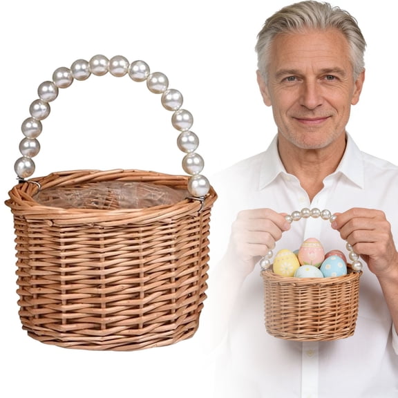 Easter Basket,Wicker Rattan Flower Girl Basket,Pearl Handle Flower Basket,Flower Girl Basket for Wedding and Home Decorations