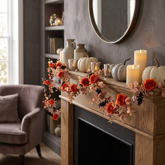 Bcylexb Artificial Rose Garland, 5.9 Ft Faux Silk Flower Garland with Leaf Fall Hanging Floral Vines for Mantle Wall Table Mantel Thanksgiving Halloween Decor