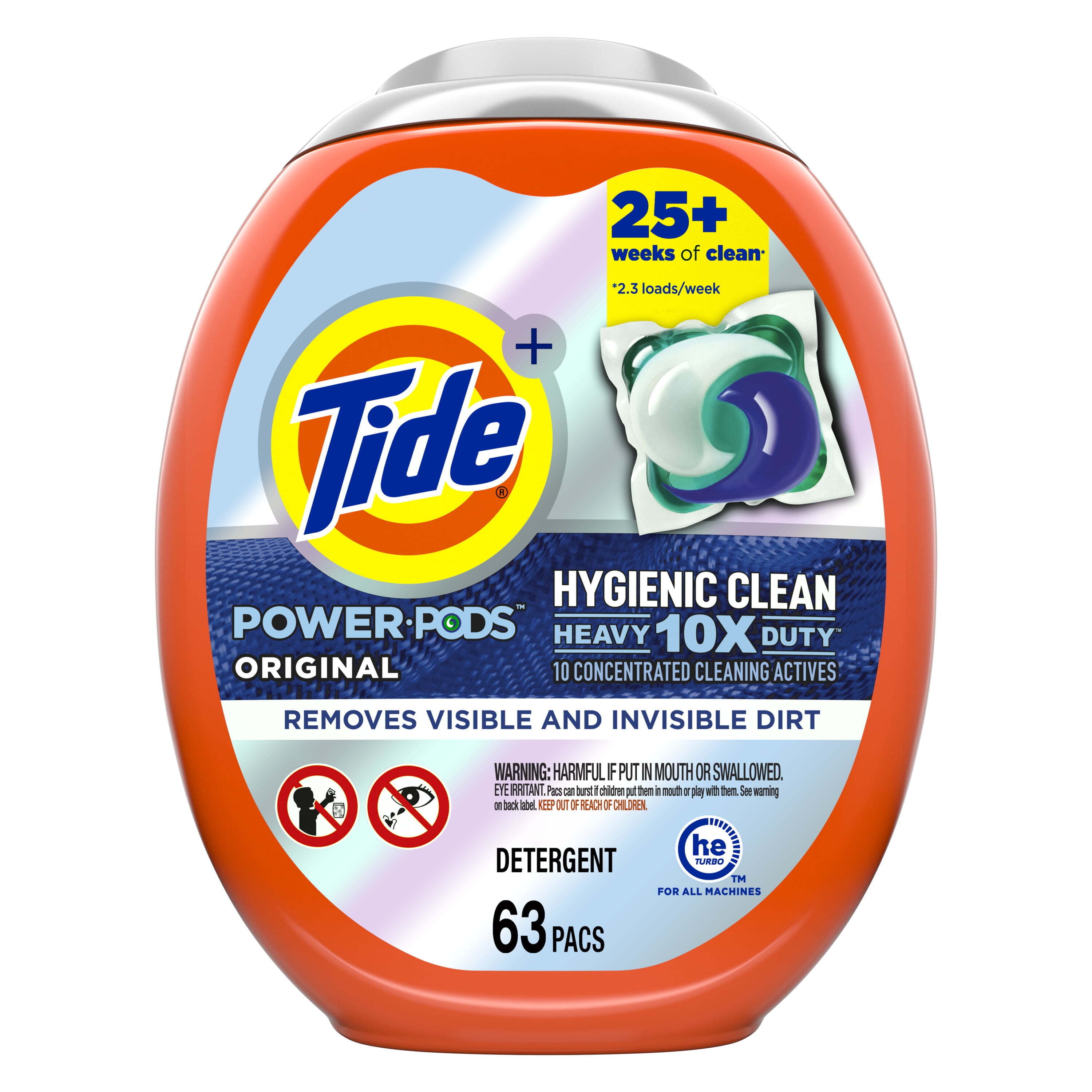 Tide Hygienic Clean Heavy 10x Duty Power Pods Laundry Detergent Pacs, Original, 63 Count