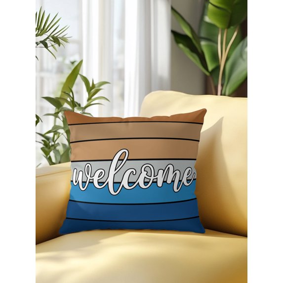 Outdoor Pillows Waterproof, Blue Brown Wooden Grain Bedding Throw Pillows with Insert for Couch Sofa Bed, Farmhouse Gradient Wood Stripes 16x16 Inch Pillowcases Decorative Patio Pillow Set of 1