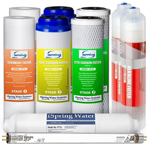 iSpring F10KU Juego de Cartuchos de Filtro de Repuesto de 1 Año para Sistemas de Filtración de Agua RO de Ósmosis Inversa de 7 Etapas con Filtros Minerales Alcalinos y UV, 10 Piezas, sin Membrana RO