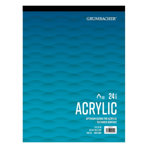 Grumbacher 9 x 12 Acrylic Pad, 140lb/300GSM, 24 Sheets, Tape Bound