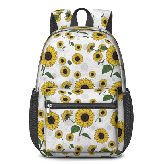 Sunflower and Outline White Pattern 17" Waterproof Oxford School Backpacks for Teens, S-Shape Padded Straps, for School, Travel, Hiking, Camping