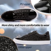 AOMAIS Women Glitter Sneakers Sparkly Low Top Sequins Sneakers Lace Up Tennis Shoes Comfort Bling Shoes Fashion Shiny Walking Shoes(Black Glitter US11)