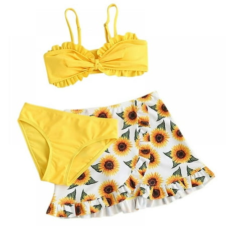 SILVERCELL Girl s 3 Piece Swimsuits Sunflower Print Bikini Bathing Suit with Cover Up Beach Skirt 7-12 Years