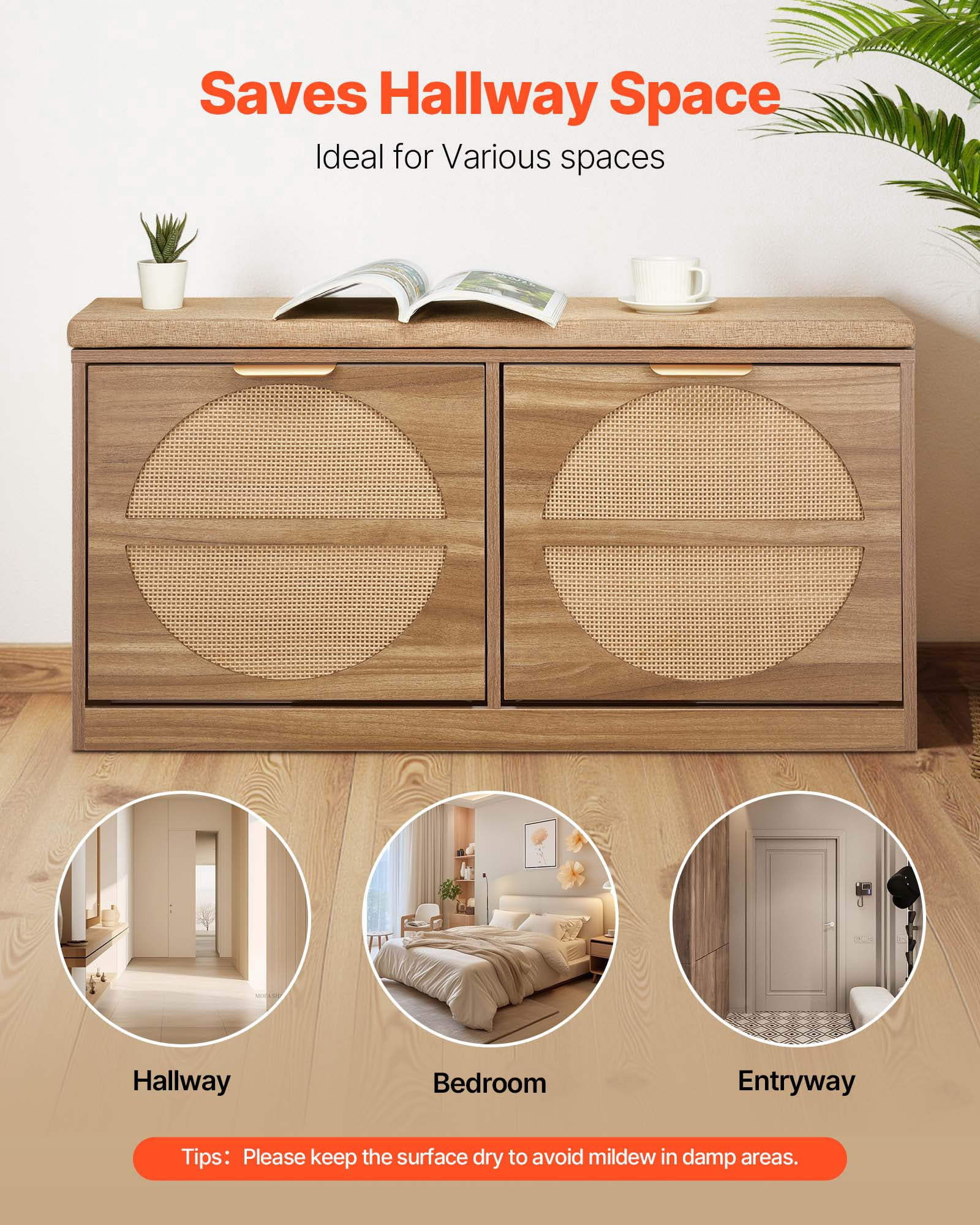 VEVOR Entryway Shoe Bench, 38.9 x 9.4 x 19.7 Inch Rattan-Like Shoes Bench with Flip Drawers, 440lbs Shoe Storage Rack with Cushion, 4 Compartments and Rattan Doors, for Hallway, Living Room, Bedroom
