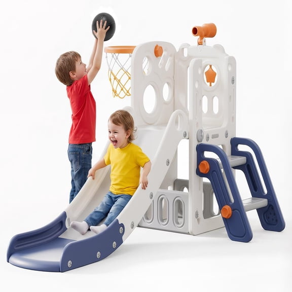 Hurtle Indoor Kids Playground Set with Slide, Basketball Hoop, Play Telescope & Ladder for Toddlers and Young Children, Blue