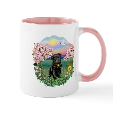 CafePress - Blossoms Black Pug Mug - 11 oz Ceramic Mug - Novelty Coffee Tea Cup