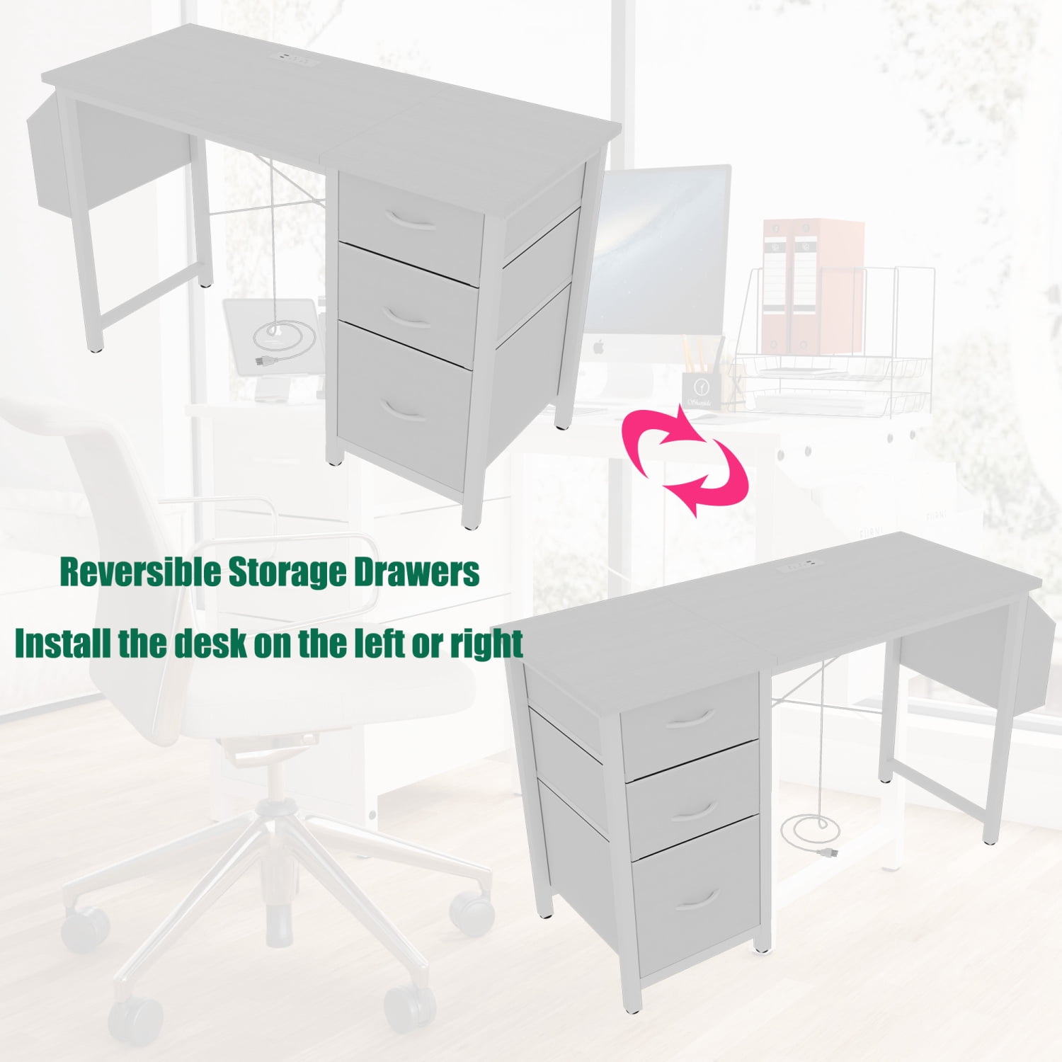 47" Office Desk with Power Outlet, 3 Drawers, Side Pocket, & Reversible Design