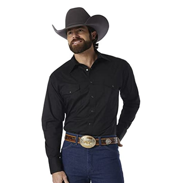 Wrangler Men's Sport Western Basic Two Pocket Long Sleeve Snap Shirt,  Black, X-Large Tall 