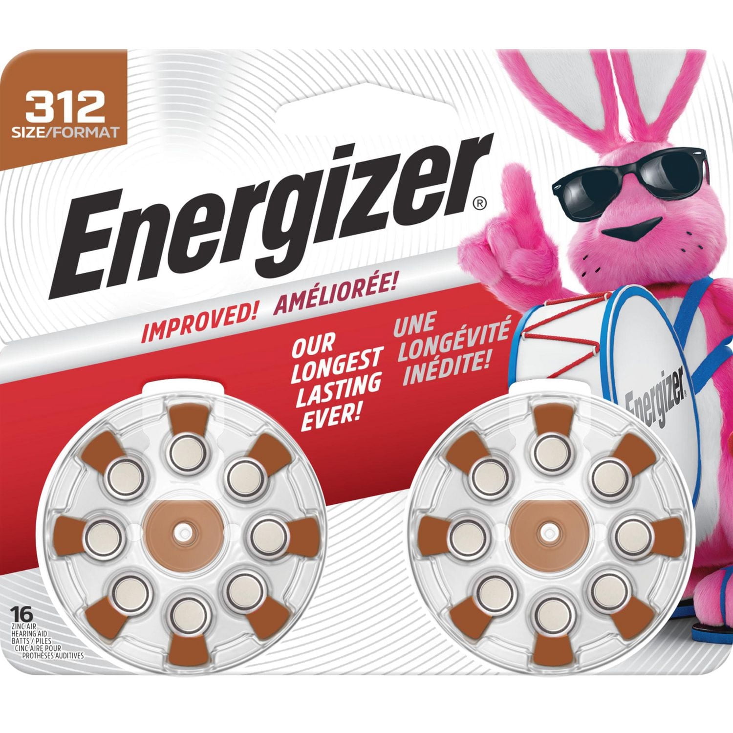 Energizer Hearing Aid Batteries Size 312, Brown Tab, 16 Pack