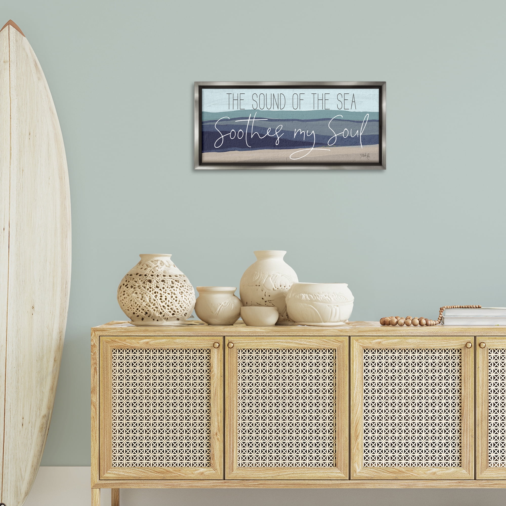 Stupell Industries Sound Of The Sea Coastal Painting Gray Floater Framed Canvas Art Print Wall Art, 31 x 14