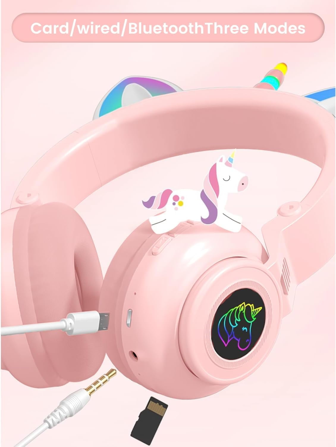 Unicorn Kids' Bluetooth Headphones,Foldable Wireless Headphones for Children with Cable and Microphone Earphones Volume Control,Unicorn-Inspired Gift Design for Birthday Gift & Christmas (pink)
