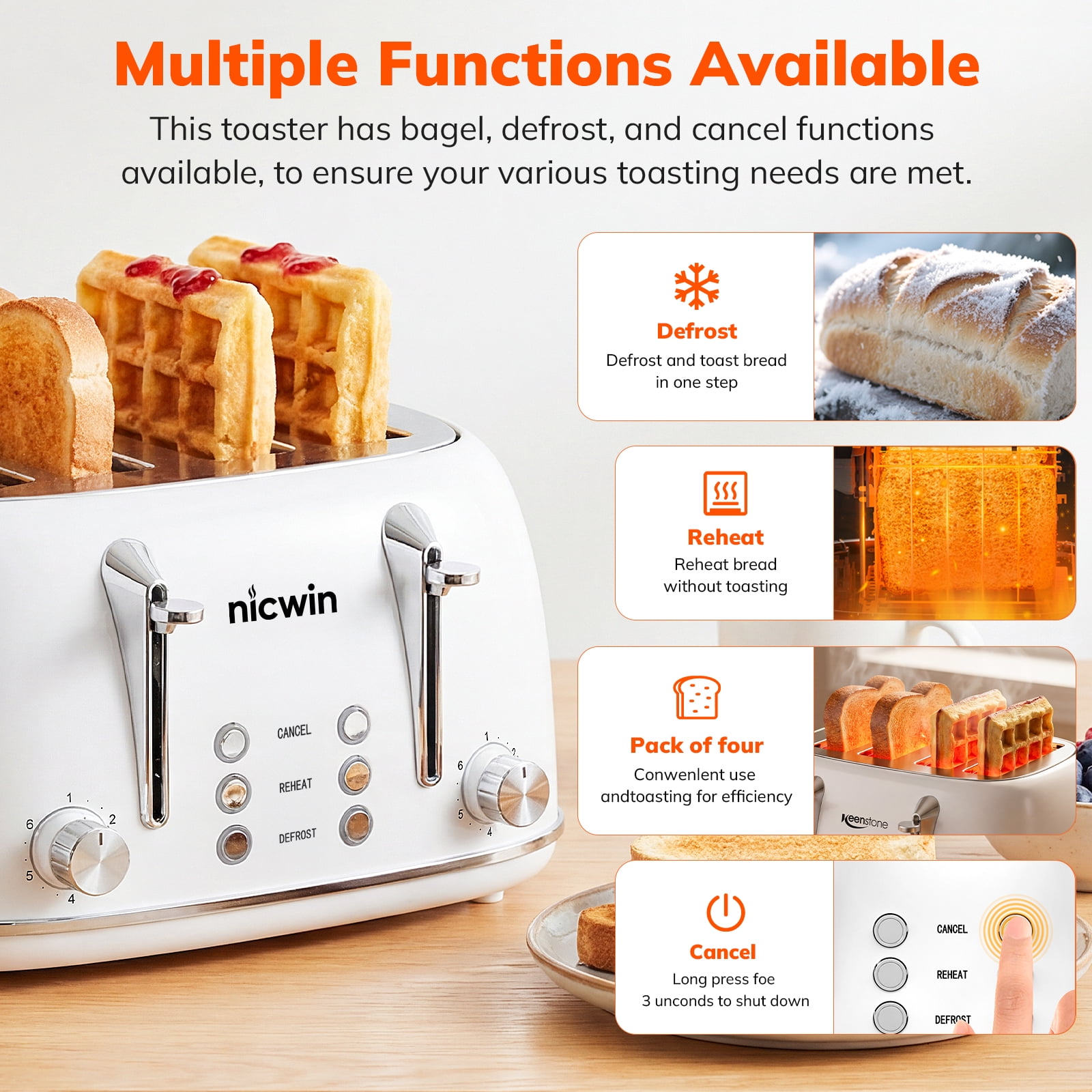 NICWIN 4 Slice Toaster, Extra Wide Slots Bread Toaster, Toast Shade Selector, Defrost & Reheat Functions for Kitchen Apartment Essentials, White