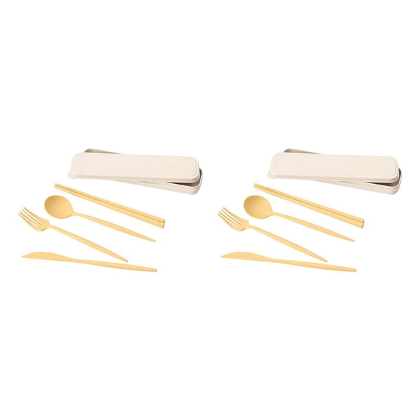 Monstrate ¡Novedad de 2021! Juego de cubiertos de de 4 Uds., cuchillo de paja de trigo, tenedor, palillos, cuchara, vajilla portátil con caja de amarillo 2piezas Monstrate CBP159619
