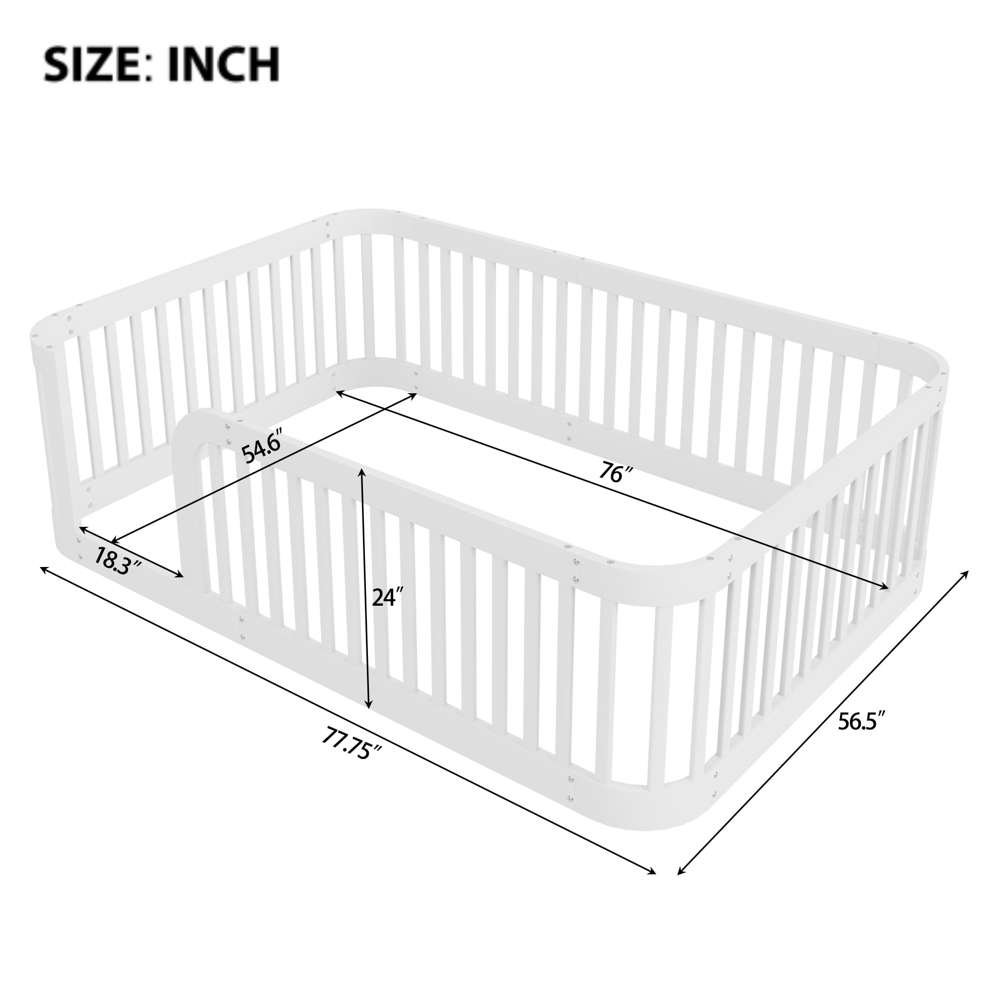 Euroco Full Size Floor Bed with Fence for Kids Teens and Toddlers, White