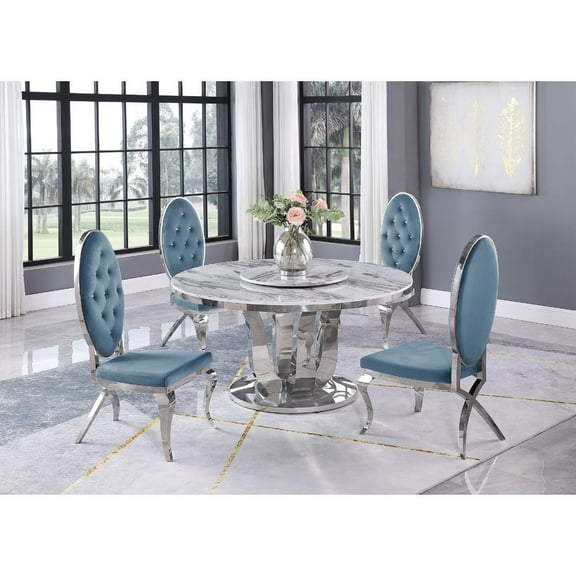 6pc. White Marble Dining Set with Lazy Susan and Silver Stainless Steel