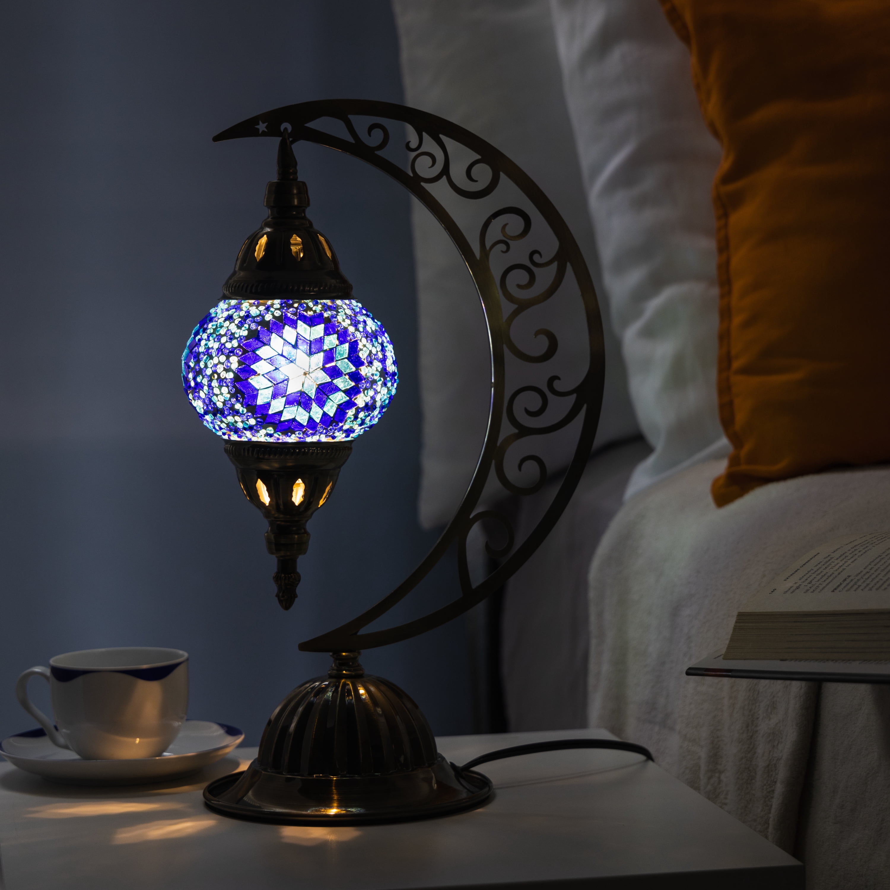 Turkish Mosaic Moon Lamp Making Kit | DIY Colorful Glass Decorative Table Desk Light | Craft Kit For Adults | Make Your Own Lamp | Living Room Bedroom | Mosaic Pieces, Beads, US-Plug (Blue)
