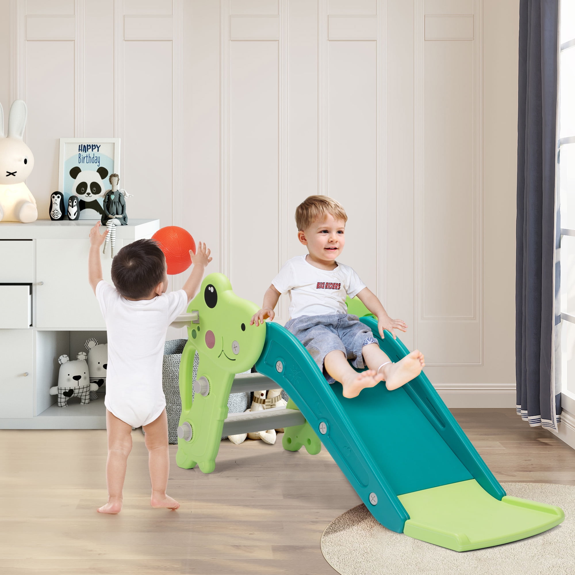Kepooman 3 in 1 Toddler Slide Kids Slide, 42.9" Frogs Play Slide for Outdoor and Indoor, Play Slide with Basketball Hoop, Ball and Ladder, Green Kepooman 3 in 1 Toddler Slide Kids Slide, 42.9" Frogs Play Slide for Outdoor and Indoor, Play Slide with Basketball Hoop, Ball and Ladder, Green