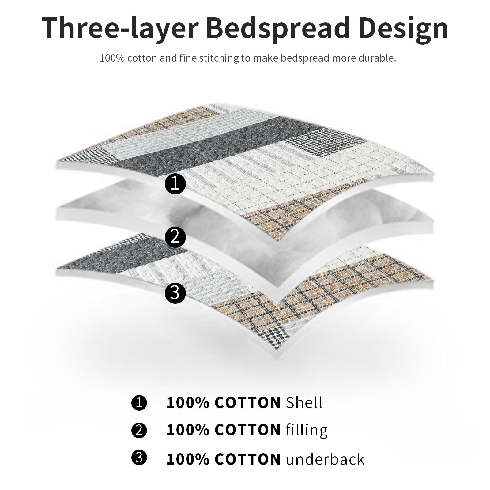 DDUOXIN Farmhouse Cotton Quilt for King Bed - 100% Cotton Gray Brown Patchwork Plaid Striped King Size Quilt Bedspread, Neutral Lightweight Reversible All Season Coverlet/Comforter Set, 3 Piece