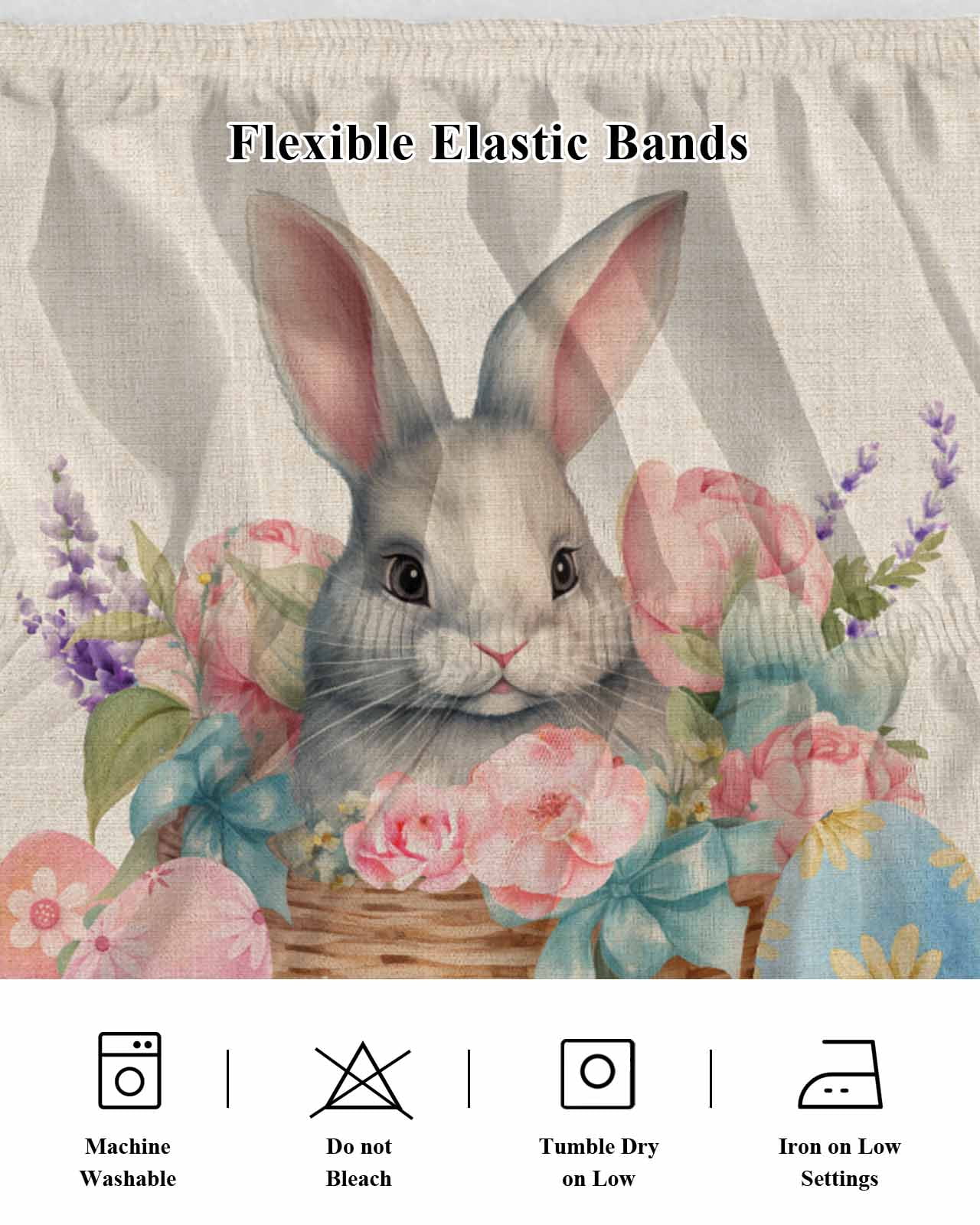 Easter,Wrap Around Bed Skirts for Queen Bed 16" Drop,Bed Skirt with Adjustable Elastic Belt Dust Ruffle Bed Valance for Bedroom Hotel Rustic Easter Basket Eggs Rabbits Tulip Lavender Bed Frame Cover