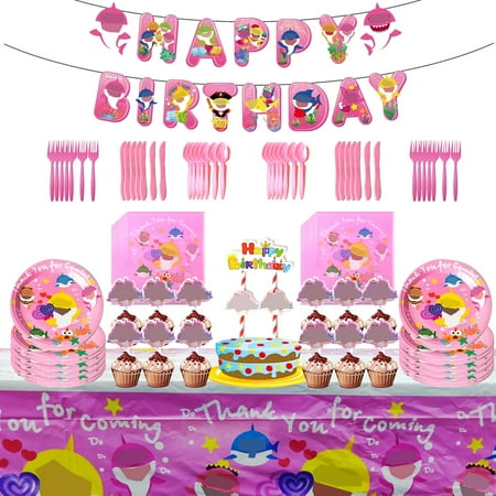 Shark Birthday Party Decorations Shark Theme Decorations Includes Plates, Banner, Napkins, Tablecloth, Cake Toppers, Cutlery, Perfect for Girls Boys Kids Birthday Party, Serves 10 Guests C36