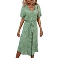 thumbnail image 3 of Canrulo Women Summer Floral Print Short Sleeve Deep V Neck Casual Belted Big Button Belted Dresses Loose Shirt Dress Green L, 3 of 10