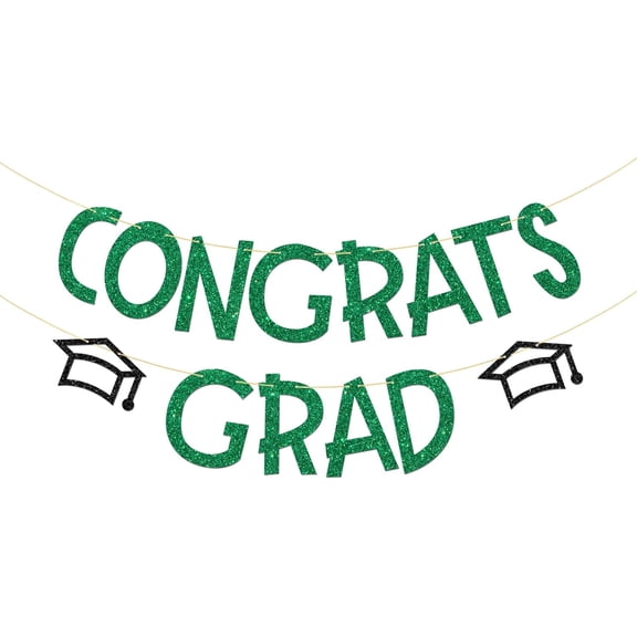 Green Black Glitter Congrats Grad Banner with Graduation Cap Cutouts, General Graduation Party Decor Supplies